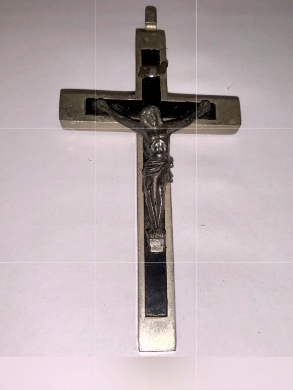 Vintage Italy Black Enamel Crucifix Cross Pendant Catholic Silver Tone 3.5”